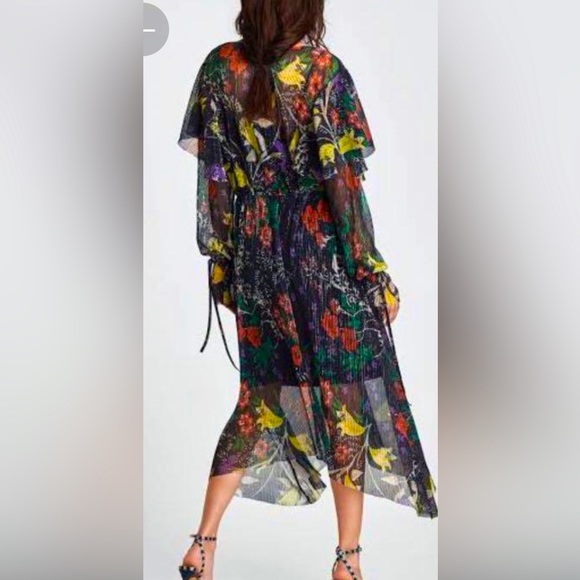 ZARA Floral Sheer Ruffles Vintage Midi Dress with slip. Exquisite design. Size S - Picture 4 of 8